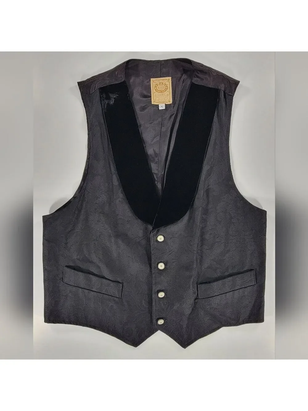WAH Maker Men's Western Style Vest Medium Velvet Lapels Button Damask Adjustable